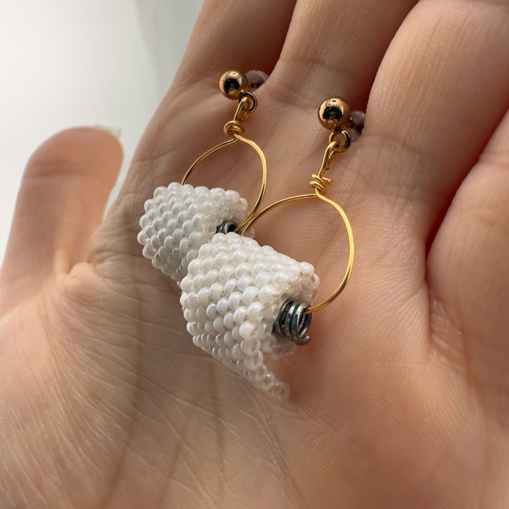 Festive White Beaded Toilet Paper Earrings - Picture 3 of 6